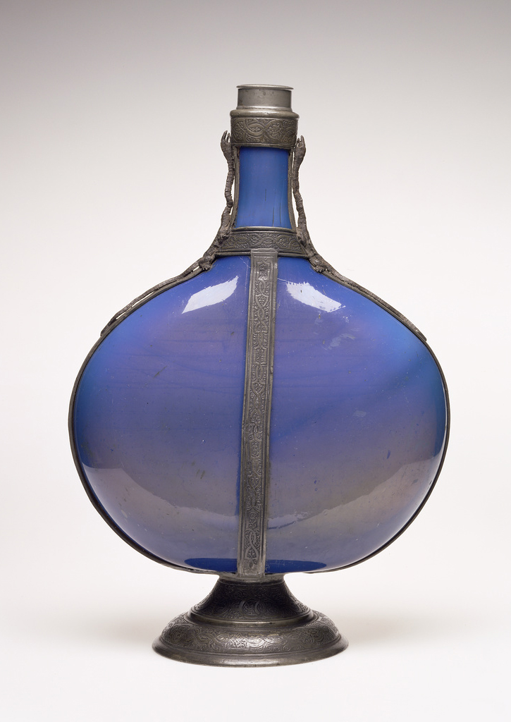 Flask; Unknown; Façon de Venise, France (possibly); about 1550 - 1600; Free-blown dichroic (Prussian blue to smoky brown) glass with pewter mounts; 33.5 × 22.5 cm (13 3/16 × 8 7/8 in.); 84.DK.519 courtesy J.Paul Getty Museum, Los Angeles