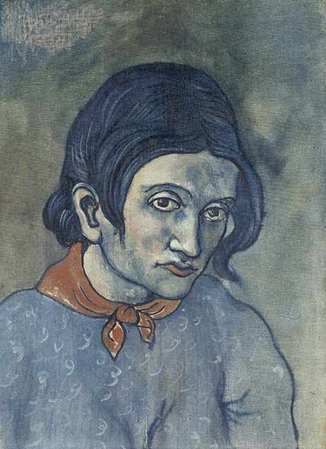 Pablo Picasso 'Woman’s head' (Portrait of Geneviève) 1902/03, oil on canvas, stuck down on card 50 x 36 cm, The State Hermitage Museum, St Petersburg © Pablo Picasso/Succession Pablo Picasso/Copyright Agency 2018 photo: © The State Hermitage Museum 2018, Vladimir Terebenin, Leonard Kheifets and Yuri Mololkovets