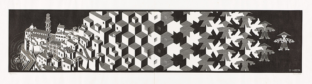 M. C. Escher, Metamorphosis I May 1937, woodcut on two sheets Escher Collection, Gemeentemuseum Den Haag, The Hague, the Netherlands © The M. C. Escher Company, the Netherlands. All rights reserved