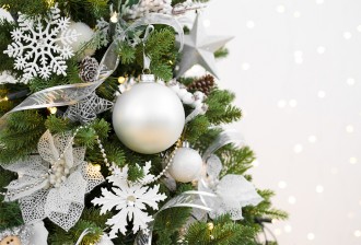 Decorated Christmas fir tree on abstract sparkling background with copyspace