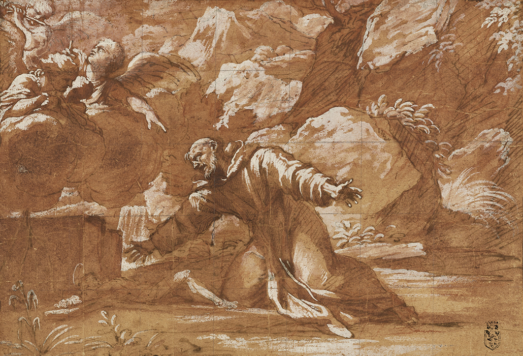 Circle of Annibale Carracci (Italian, 1560 - 1609): St. Francis Kneeling in Ecstasy Before a Crucifix, Pen and brown ink over red chalk, heightened with white, Dimensions: Unframed: 20.4 × 29.4 cm (8 1/16 × 11 9/16 in.) Accession No. L.2018.10: Private collection, Los Angeles