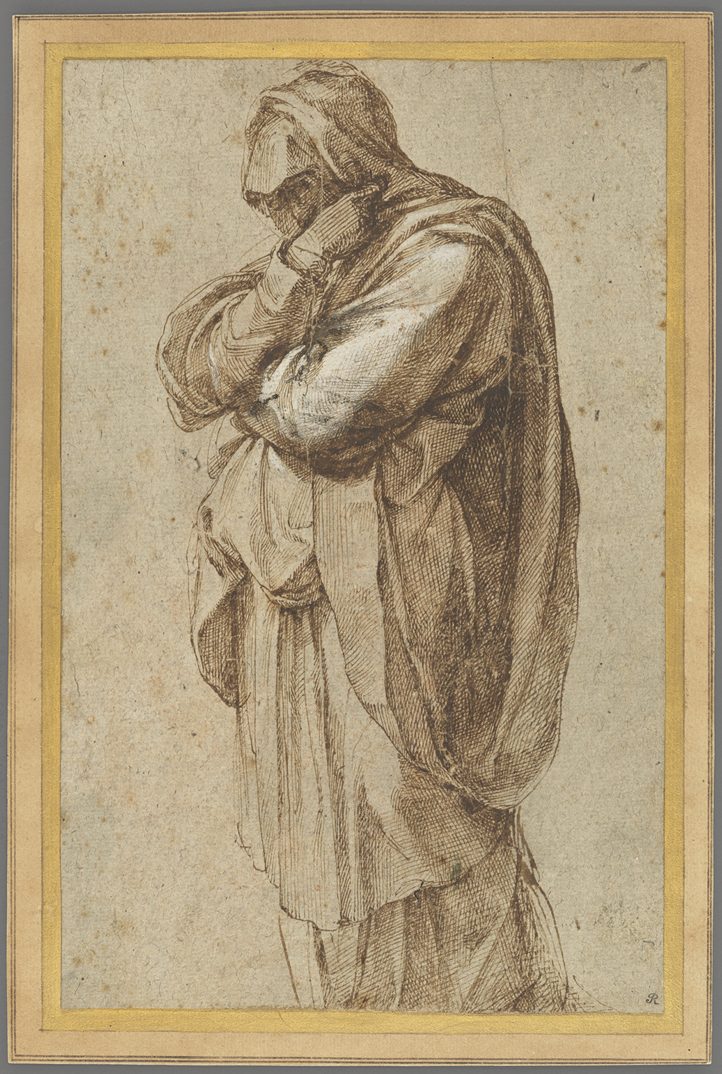 Study of a Mourning Woman; Michelangelo Buonarroti (Italian, 1475 - 1564); Italy; about 1500–1505; Pen and brown ink, heightened with white lead opaque watercolor; 26 × 16.5 cm (10 1/4 × 6 1/2 in.); 2017.78 courtesy J.Paul Getty Museum, Getty Center, Los Angeles