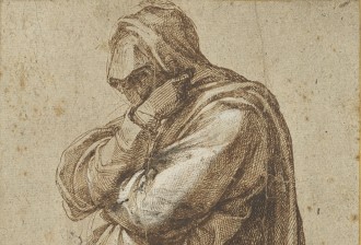 Study of a Mourning Woman; Michelangelo Buonarroti (Italian, 1475 - 1564); Italy; about 1500–1505; Pen and brown ink, heightened with white lead opaque watercolor; 26 × 16.5 cm (10 1/4 × 6 1/2 in.); 2017.78 courtesy J.Paul Getty Museum, Getty Center, Los Angeles