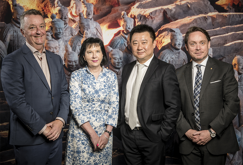 Foley, Janet Whiting AM, President, Council of Trustees of the National Gallery of Victoria, Jeff Xu, Founder and Managing Director, Golden Age Group and Tony Ellwood AM, Director, NGV at the program announcement of the Autumn Winter 2019 launch which announced the 2019 NGV Melbourne Winter Masterpieces exhibition Terracotta Warriors + Cai Guo-Qiang Photo: Eugene Hyland