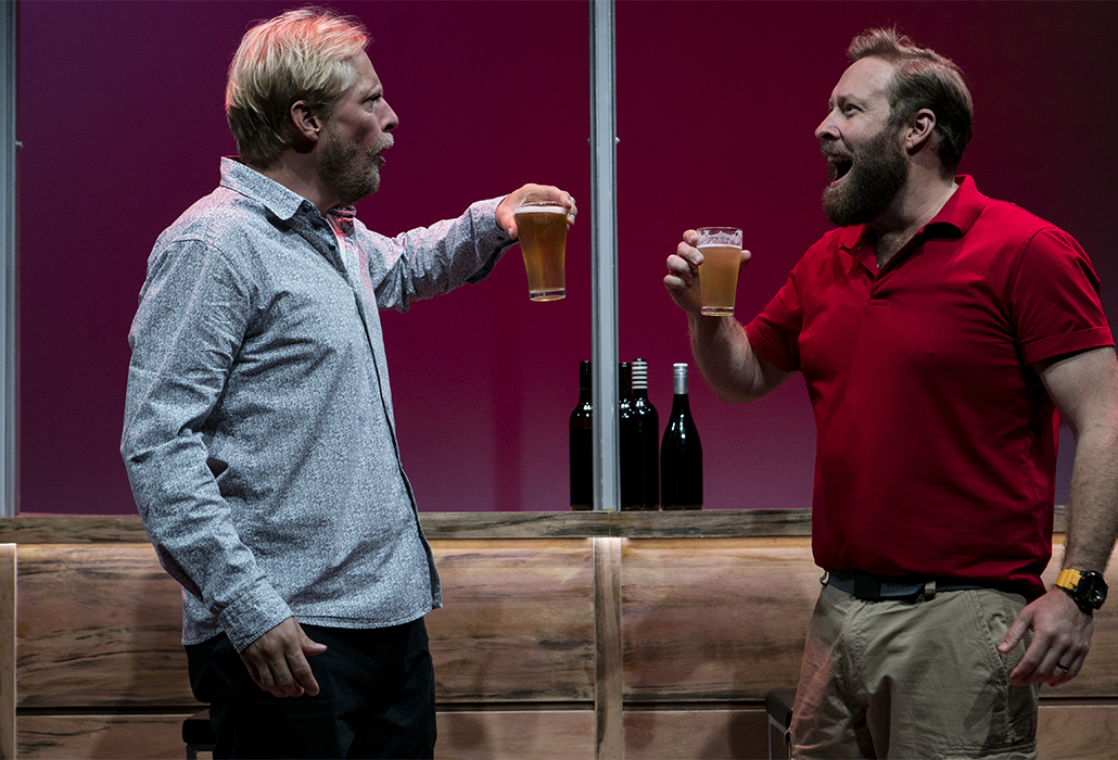 Jeremy Waters as Rohan and Ben Wood as Rolly in David Williamson: The Big Time - Ensemble Theatre, Sydney, photo Brett Boardman