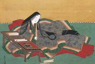 Detail of 17th-century portrait of Murasaki Shikibu, wearing the j?nihitoe, by Tosa Mitsuoki (1617–1691)