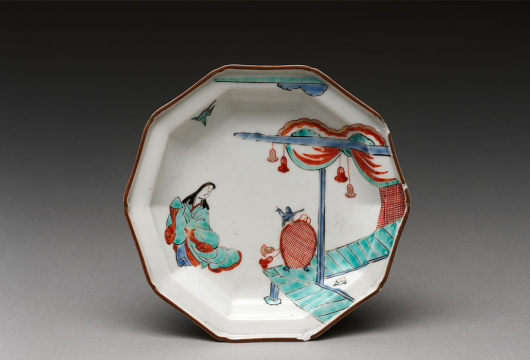 Plate with Japanese court woman and birds, 1710–30, Japanese, for European market, Hard-paste porcelain painted with colored enamels over transparent glaze (Hizen ware; Imari type), 4 7/8 in. (12.4 cm), The Hans Syz Collection, Gift of Stephan B. Syz and John D. Syz, 1995, courtesy The Metropolitan Museum of Art