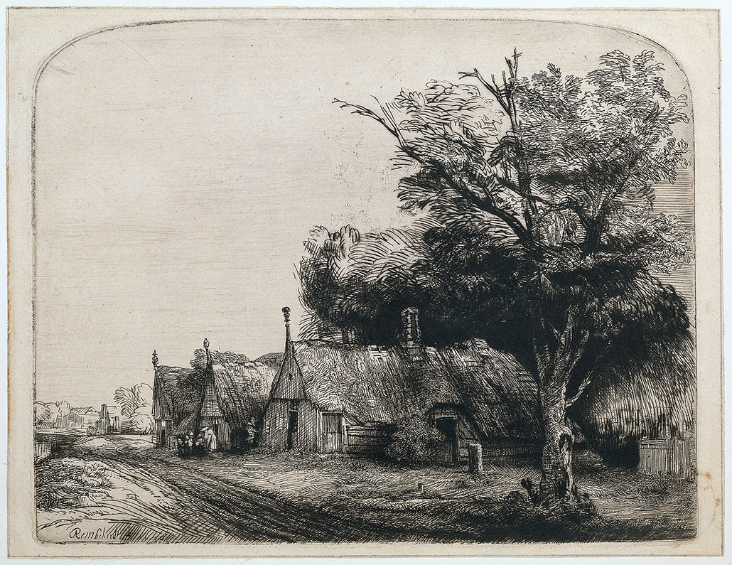 Rembrandt Van Rijin: Landscape with Three Gabled Cottages beside a Road, etching and drypoint on paper 16.2 cm x 20.3 cm ©copyright Rijksmuseum, Amsterdam