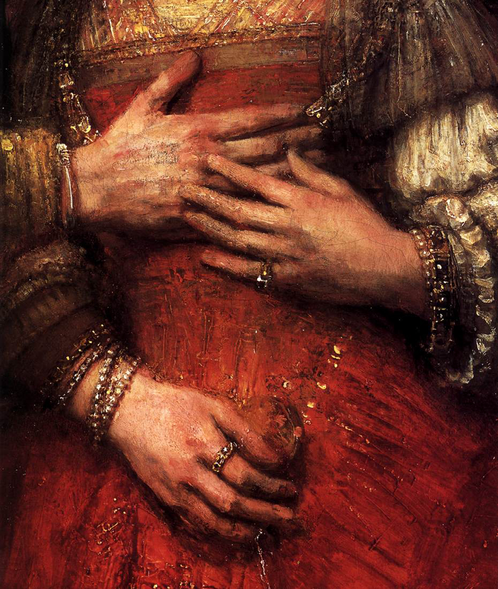 Rembrandt van Rijn, detail, Isaac and Rebecca (known as The Jewish Bride) (c. 1669), © courtesy Rijksmuseum, Amsterdam