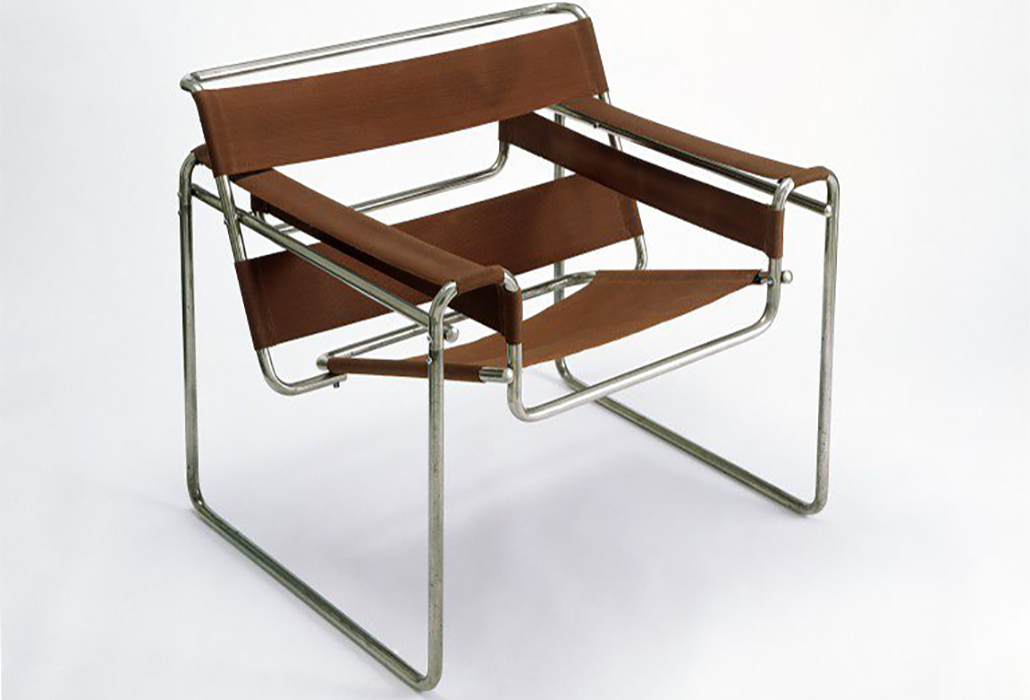 Club chair, model B3, 1925-1926 (designed) 1927-1928 (manufactured) Artist/Maker: Marcel Lajos Breuer, 1902 - 1981 (designer) Nickel-plated tubular steel, screwed together, with cotton canvas upholstery courtesy V & A Museum, London