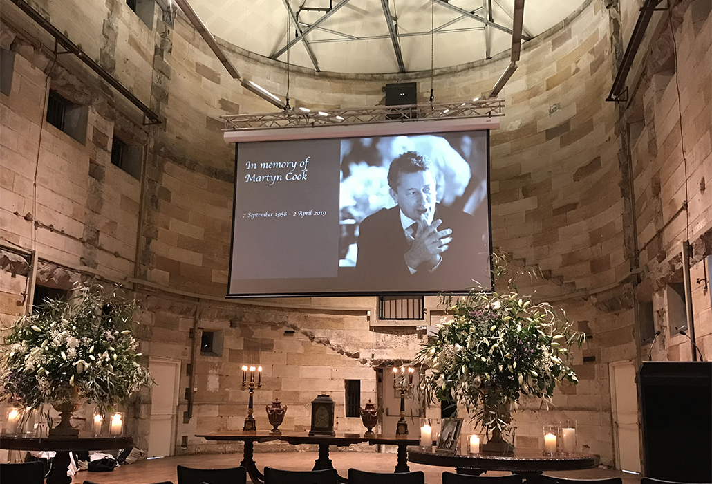 Setting for memorial service and celebration of life for Martyn Cook, 11.4.2019, National Art School, Darlinghurst Sydney photo by Belinda McDowall