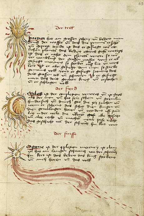 Comets; Unknown; Ulm, Germany; shortly after 1464; Watercolor and ink on paper bound between original wood boards covered with original pigskin; Leaf: 30.6 × 22.1 cm (12 1/16 × 8 11/16 in.); 83.MO.137.63 courtesy J. Paul Getty Museum, Getty Center, Los Angeles