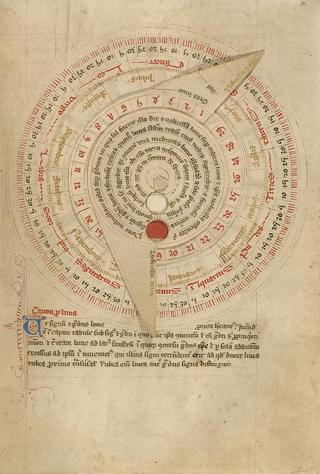Astronomical Table with Vovelle; Unknown; Worcester, England; late 14th century, shortly after 1386; Pen and black ink and tempera on parchment bound between pasteboard covered with black morocco; Leaf: 21.3 × 15.2 cm (8 3/8 × 6 in.); 83.MO.136.51