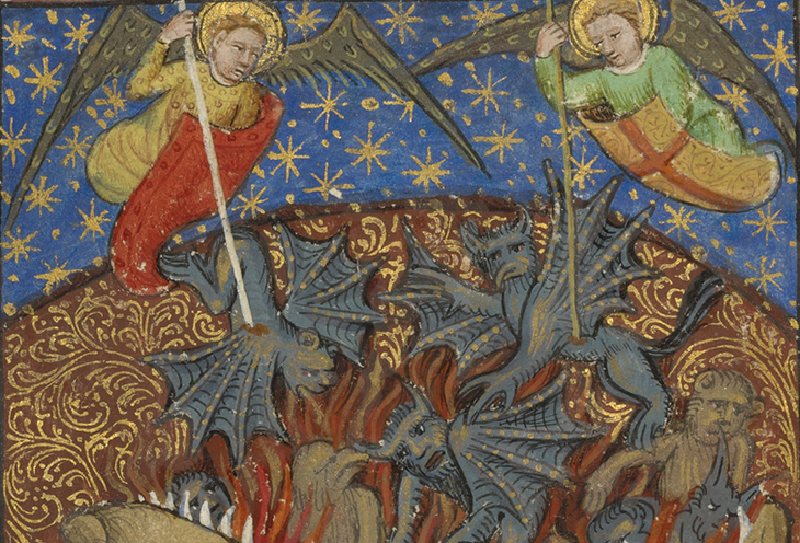 The Fall of the Rebel Angels; Unknown; Avignon (probably), France; about 1430; Tempera colors, gold leaf, gold paint, and pen and ink on parchment; Leaf: 24.8 × 17.9 cm (9 3/4 × 7 1/16 in.); 83.MQ.170.3v courtesy J. Paul Getty Museum, Getty Center, Los Angeles