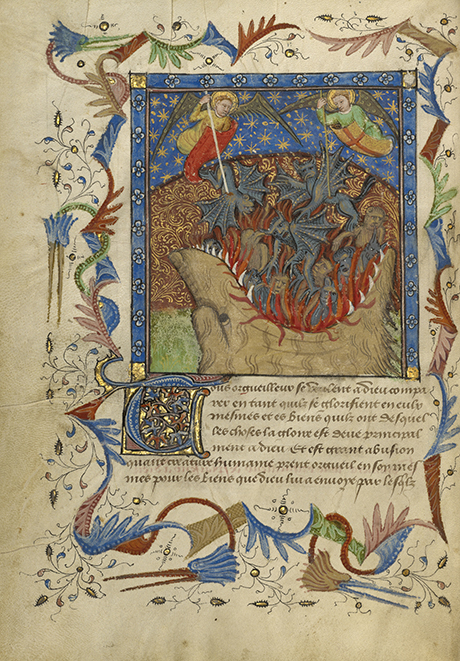 The Fall of the Rebel Angels; Unknown; Avignon (probably), France; about 1430; Tempera colors, gold leaf, gold paint, and pen and ink on parchment; Leaf: 24.8 × 17.9 cm (9 3/4 × 7 1/16 in.); 83.MQ.170.3v courtesy J. Paul Getty Museum, Getty Center, Los Angeles