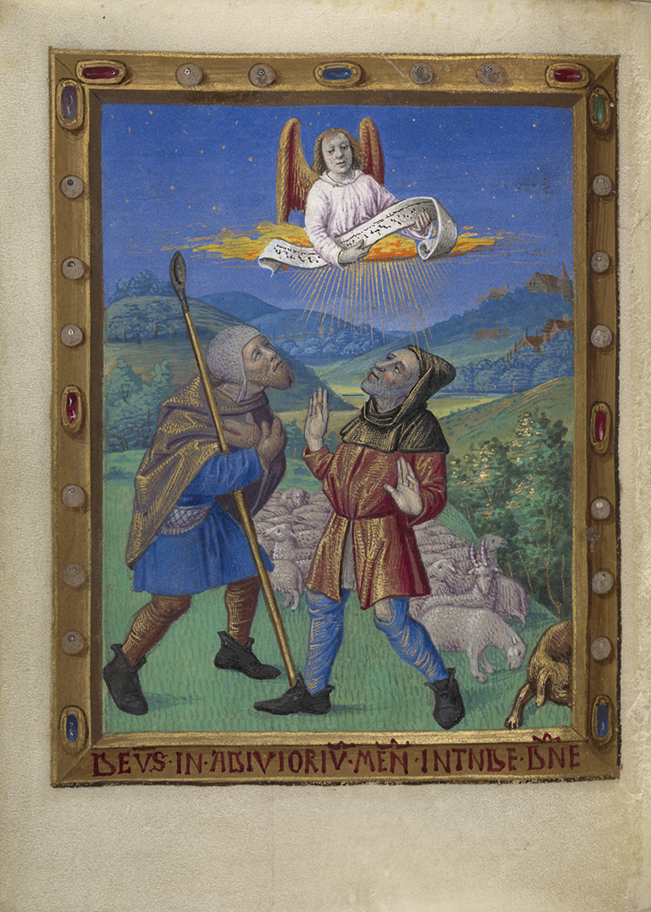 The Annunciation to the Shepherds; Georges Trubert (French, active Provence, France 1469 - 1508); Provence, France; about 1480–1490; Tempera colors, gold leaf, gold and silver paint, and ink on parchment; Leaf: 11.4 × 8.6 cm (4 1/2 × 3 3/8 in.); 93.ML.6.54v courtesy J. Paul Getty Museum, Getty Centre, Los Angeles