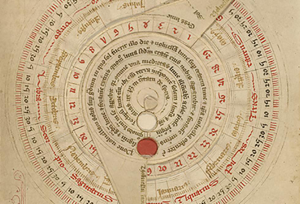 Astronomical Table with Vovelle; Unknown; Worcester, England; late 14th century, shortly after 1386; Pen and black ink and tempera on parchment bound between pasteboard covered with black morocco; Leaf: 21.3 × 15.2 cm (8 3/8 × 6 in.); 83.MO.136.51