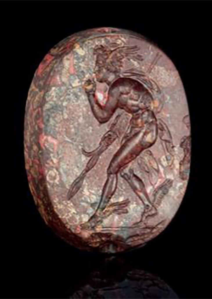 A Greek Mottled Red Jasper Scaraboid with Perseus, Classical Period, circa 4th century B.C., courtesy J. Paul Getty Museum