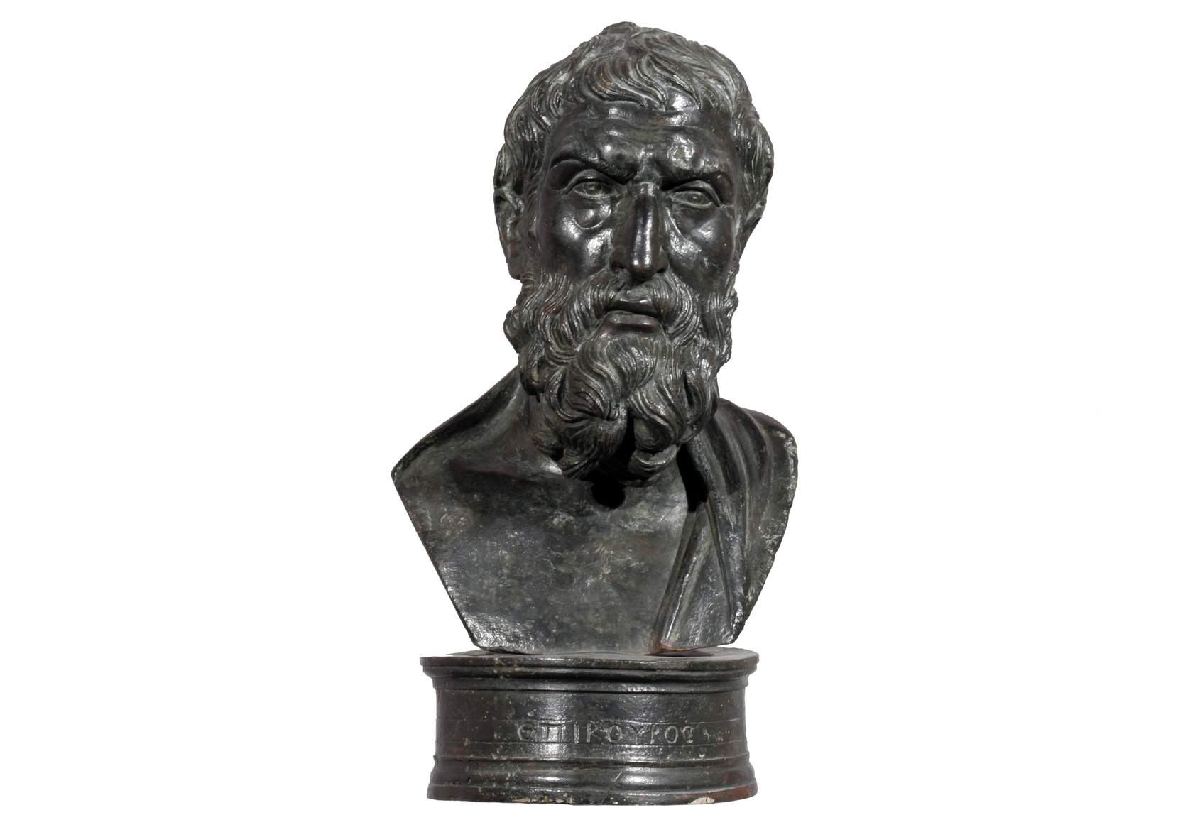 Small Bust o Epikouros, 1st century BC-1st century AD, Roman, Bronze, 12cm plus base 20.3 cm high courtesy Museo Archeologico Nazionale di Napoli, Photo Giorgio Albano
