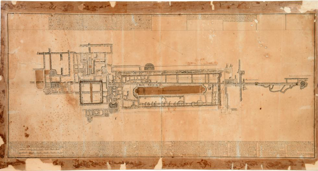 Karl Jacob Weber (Swiss, 1712-1764), Plan of the Villa 1754-1758, on Paper, Unframed 58.5x123.5 cm, courtesy Museo Archeologico Nazionale di Napoli, Photo Giorgio Albano