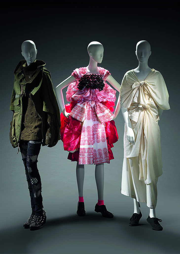 (left to right) Junya Watanabe, Comme des Garçons, Japan (fashion house) Japan est. 1992 Junya Watanabe (designer) Japan born 1961 Coat, jumper, leggings and boots 2006 autumn–winter, 2006–07 cotton, wool, nylon, acrylic, leather, metal (embellishments) 69.0 cm (centre back) 42.0 cm (sleeve) 75.0 cm (centre back) 80.0 cm (sleeve) 22.0 cm (waist, flat) 92.0 cm (outer leg) 71.0 cm (inner leg) d-e) 25.5 x 10.0 x 29.0 cm (each) National Gallery of Victoria, Melbourne Promised gift of Takamasa Takahashi Tao, Comme des Garçons, Japan (fashion house) Japan 2005–2011 Tao Kurihara (designer)n Japan born 1961 Dress 2009 autumn–winter 2009 polyester, rayon; cotton, polyester; polyester; wool, mohair, nylon (a) 33.0 cm (centre back) 31.0 cm (waist, flat) (b) 61.0 cm (centre back) 59.0 cm (waist, flat) (c) 62.5 cm (centre back) 32.0 cm (waist, flat) (d) 63.0 cm (centre back) 30.0 cm (waist, flat) e-f) 11.0 x 9.0 x 26.0 cm (each) National Gallery of Victoria, Melbourne Gift of Takamasa Takahashi through the Australian Government’s Cultural Gifts Program, 2017 (2017.156.a-f) Comme des Garçons, Japan (fashion house) Japan 2005–2011 Rei Kawakubo (designer) Japan born 1942 Dress 2003 Extreme Embellishment collection autumn–winter 2003–2004 cotton, plastic zipper, metal zipper, metal hook, fabric fastener 133.0 cm (centre back) 44.0 cm (waist, flat) National Gallery of Victoria, Melbourne Gift of Takamasa Takahashi through the Australian Government’s Cultural Gifts Program, 2015 (2015.124)