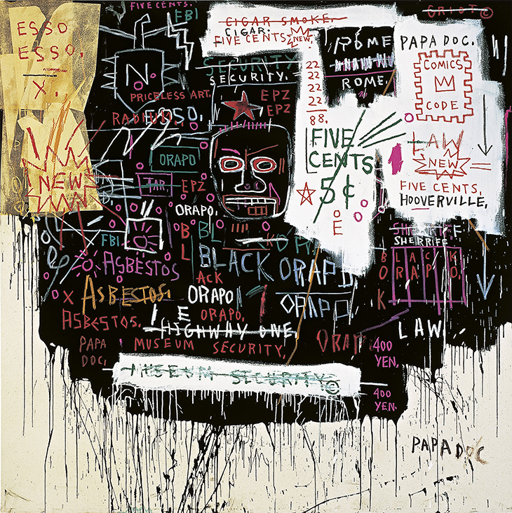 Jean-Michel Basquiat Museum security (Broadway meltdown) 1983 acrylic, oilstick, and collage on canvas 213.0 x 213.0 cm Private collection © Estate of Jean-Michel Basquiat. Licensed by Artestar, New York