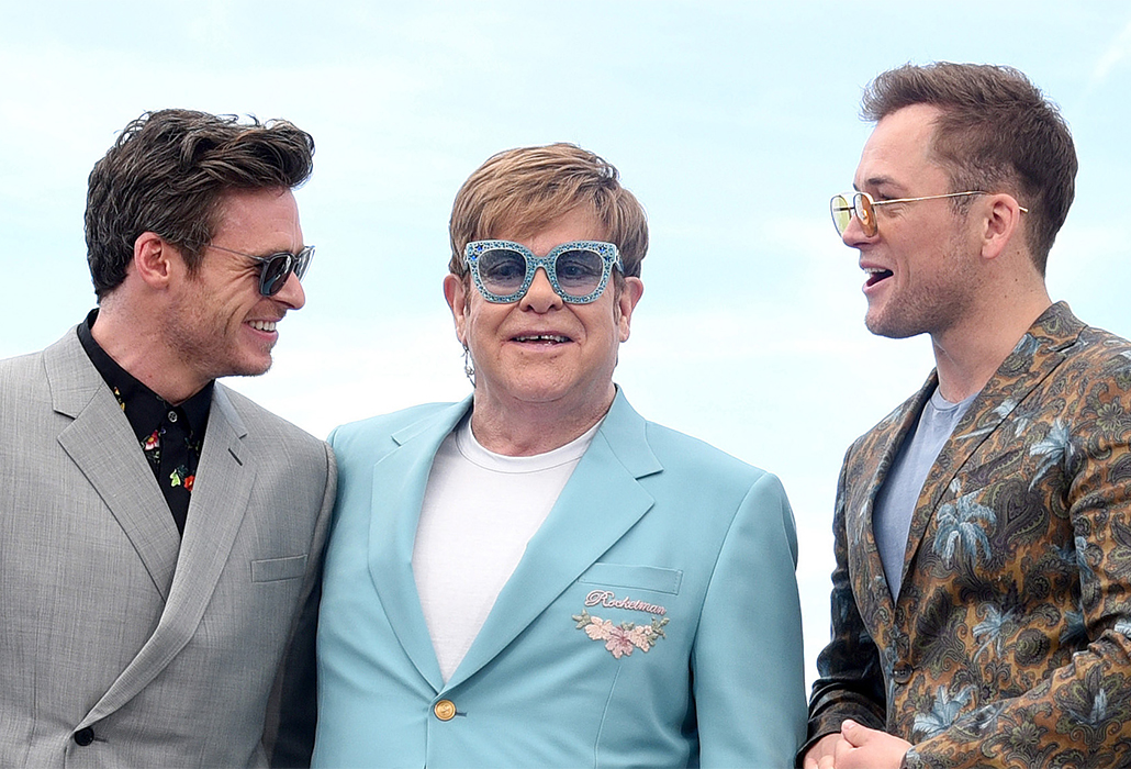 CANNES, FRANCE - MAY 16: (L-R) Elton John, Taron Egerton, and Richard Madden attend the "Rocketman" Photocall during the 72nd annual Cannes Film Festival on May 16, 2019 in Cannes, France. (Photo by Serge Arnal/Paramount)