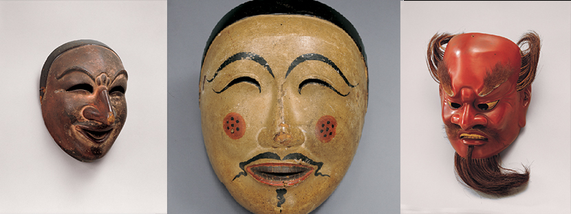Three bugaku masks, late 1100s, lacquered wood, Kasuga Taisha shrine, Important Cultural Property Photo courtesy of Kasuga Taisha Shrine