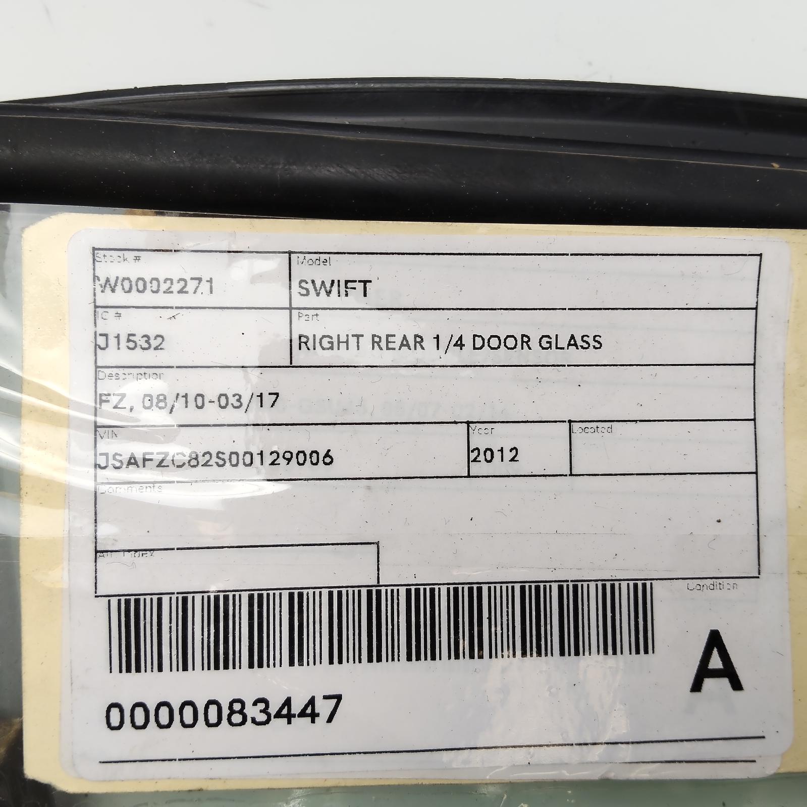 2012 Suzuki Swift Right Rear 1/4 Door Glass View Auto part Right Rear 1/4 Door Glass Suzuki Swift 2012