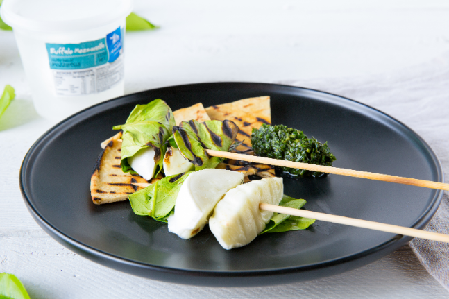 Mozzarella in Lemon Leaf with Coriander Relish & Charred Roti