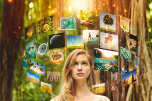 Screens floating around Caucasian woman in forest
