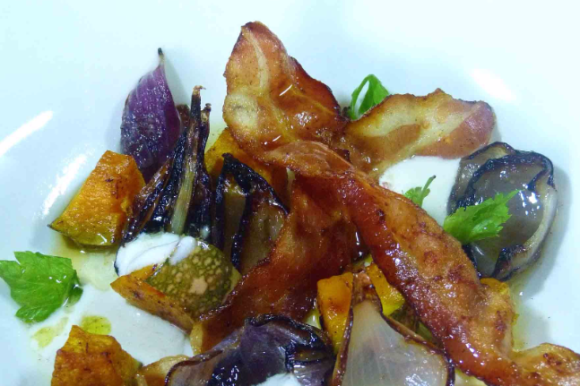 Charred Onion, Roasted Pumpkin & Bacon Salad with Coconut Cream Dressing
