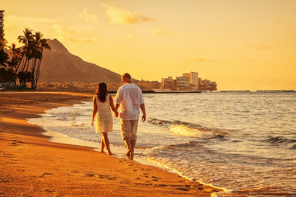 Happy Couple Walking on Waikiki Beach at Sunrise Wayfarer