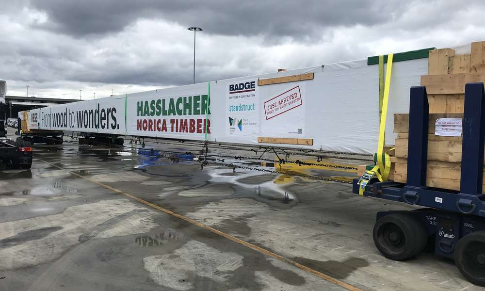 The timber beams arrived at the wharf in Port Melbourne on Saturday 12 June 2021. Image courtesy of Sandstruct.