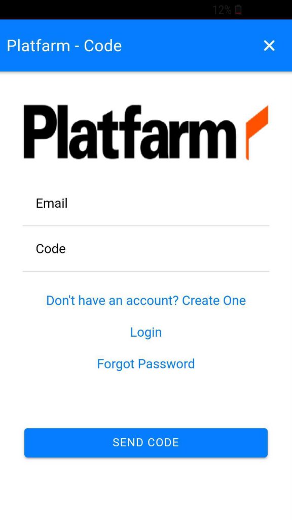 Screenshot of Platfarm login page showing a field for adding a code and submitting