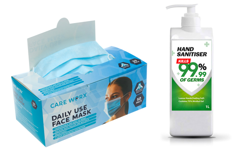 Protective face masks %2850pk%29 and 1l hand sanitiser 2481 web1