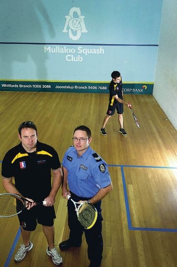 WA Police squash team members Senior Constables Terry Gilmore and Paul Duncan and, at rear, Detective Senior Constable Luke Elsbury. Picture: Emma Reeves