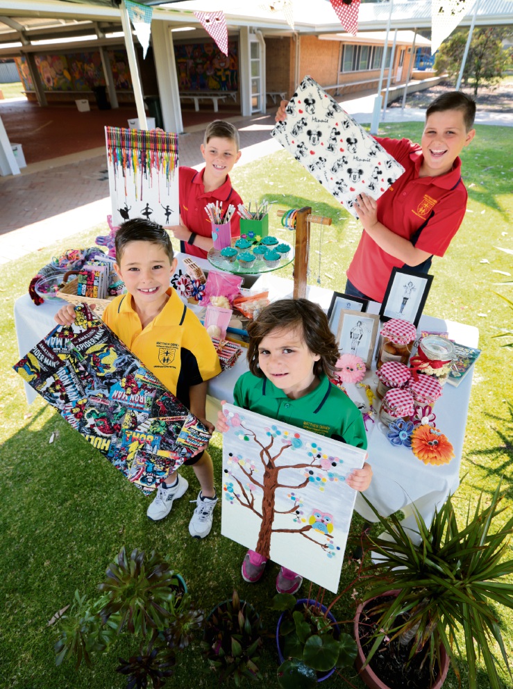 Students, at back, Harrison Alleway (8) and Mackenzie |Alleway (10), and at front, Ethan Moore (7) and Sophie Sajtinac (6) are looking forward to the school fair.
Picture: David Baylis www.communitypix.com.au d461420