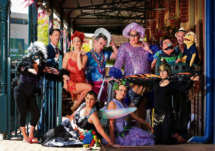 Back: Feminem, Prince Pout, Warrior Butterfly (ZDC member), Raven (ZDC member), Michael Wheatley and Kelly Ann Doll. Front: Ian Toyne (with puppets Coach and Kylie), Violet (ZDC member) and Belladonna (ZDC member). Picture: David Baylis d479182