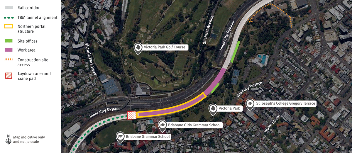 The Northern Tunnel Portal work area is within the rail corridor at Normanby. Access to the work area is via an intersection on Gregory Terrace.