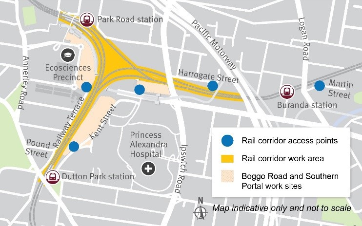 Map of work area and access points to rail corridor.