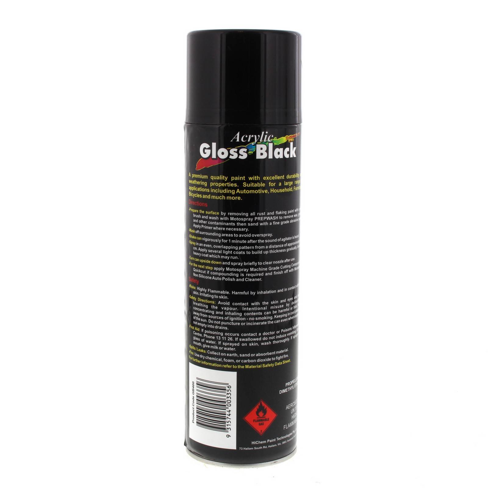 Gloss Black Spray Paint Can 400g Motospray Automotive Acrylic Lacquer 3