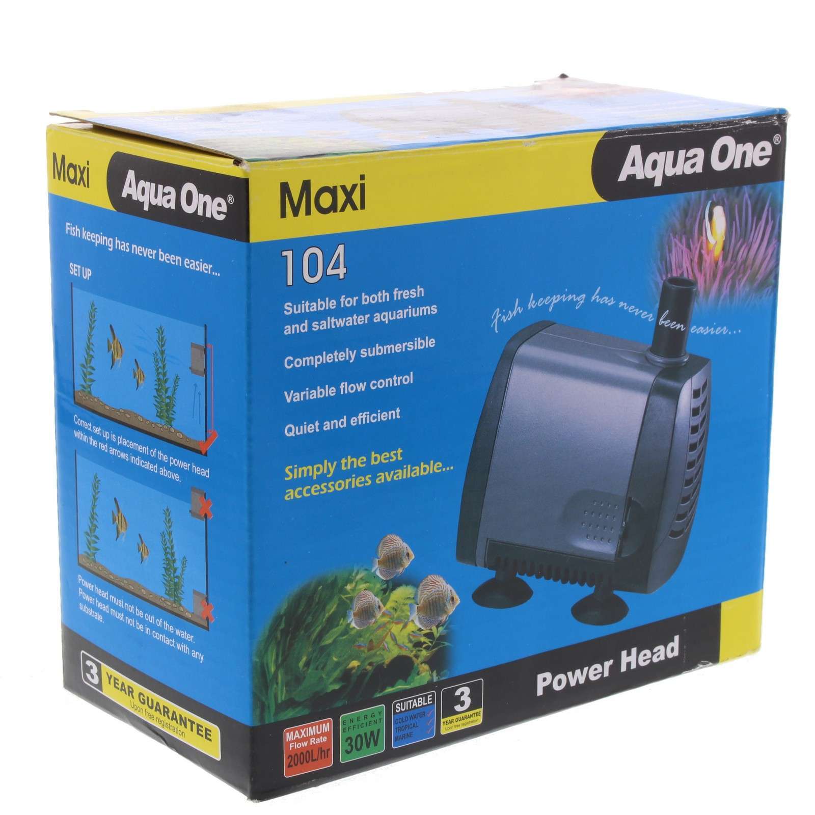 Maxi 104 Power Head Pump 2000 L/hr 2m 30W Fish Tank Aquarium Aqua One