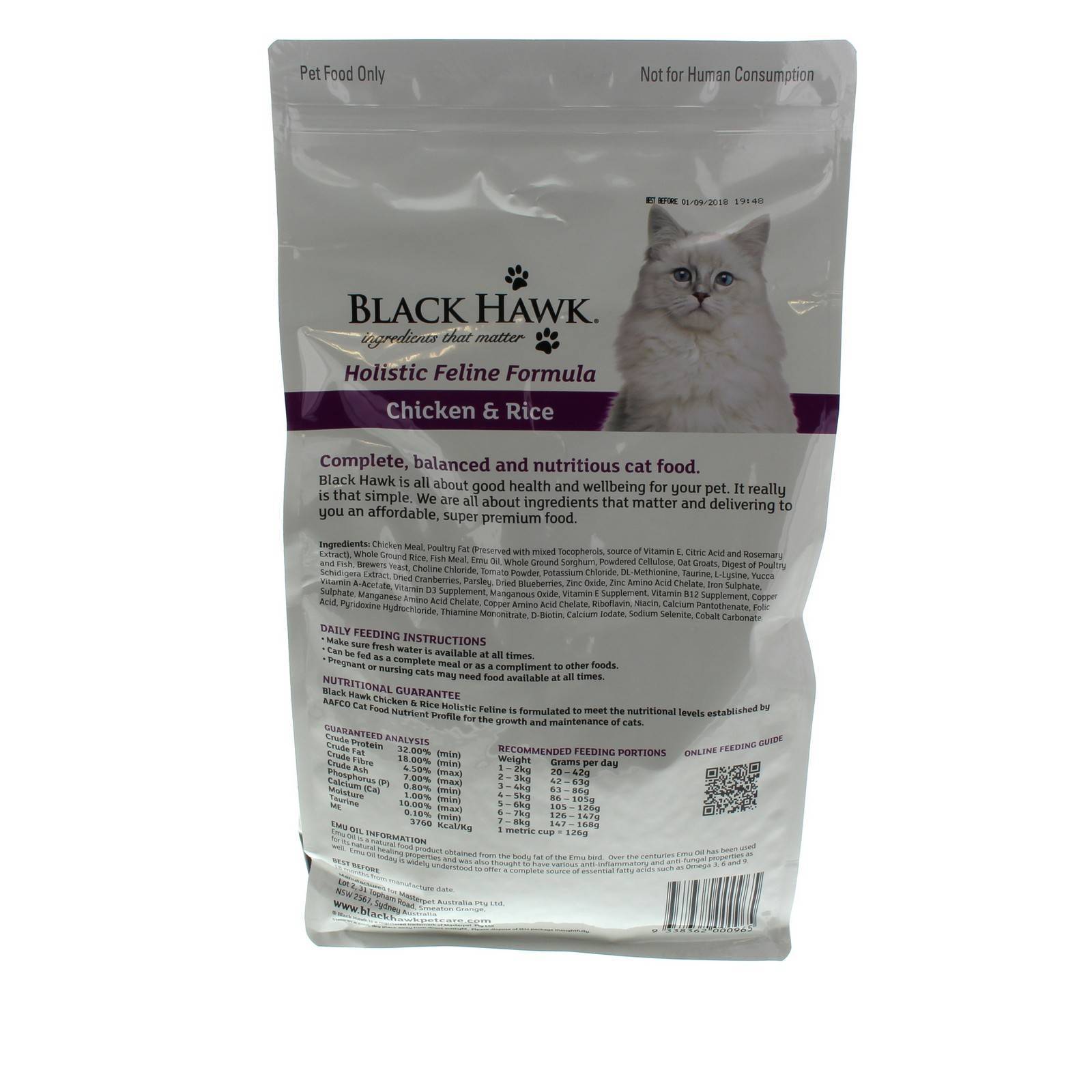 Cat Food Black Hawk Holistic Cat Chicken & Rice 3kg Premium Dry Food