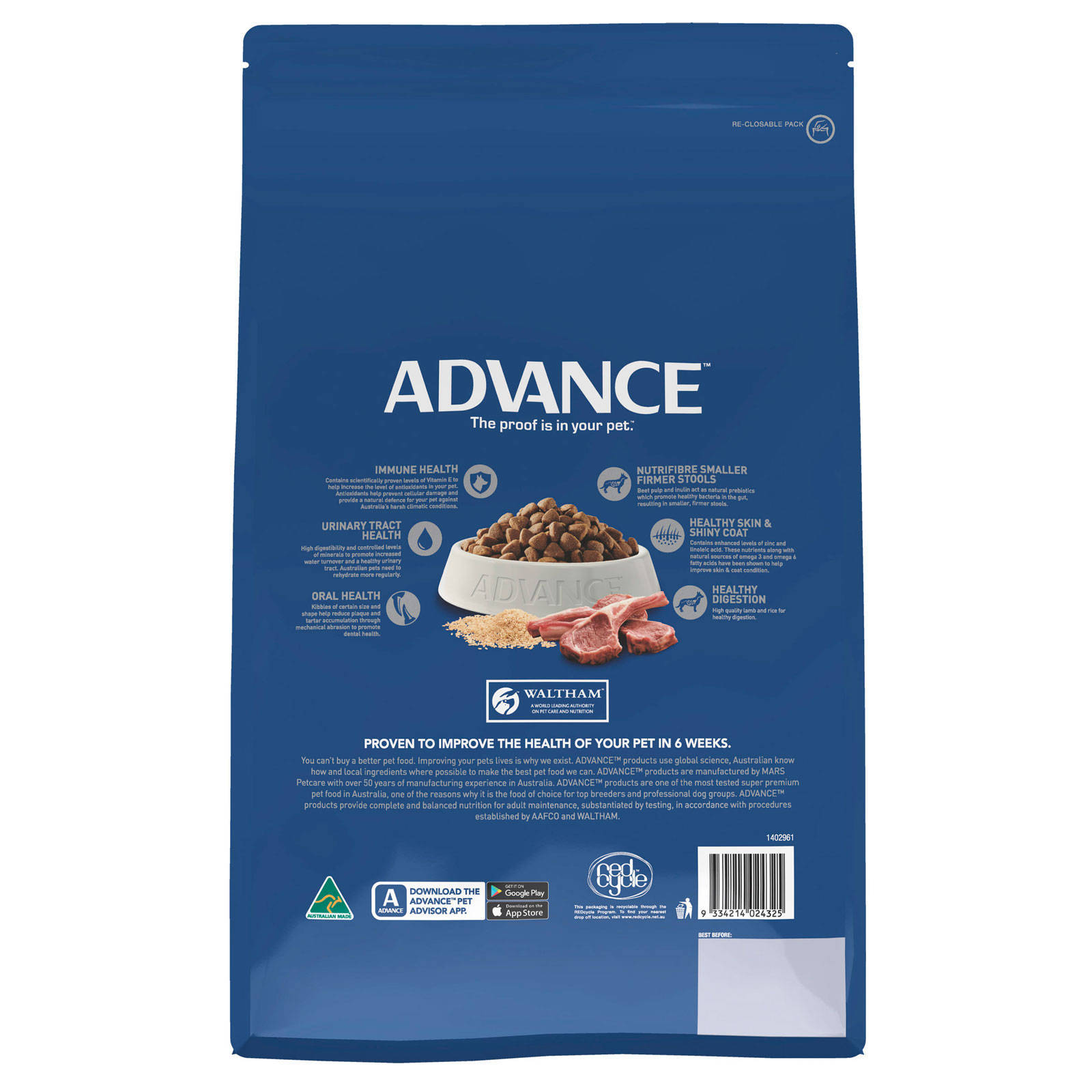 Advance Dog Food Adult Lamb & Rice Total Wellbeing 15kg Premium Pet Nutrition