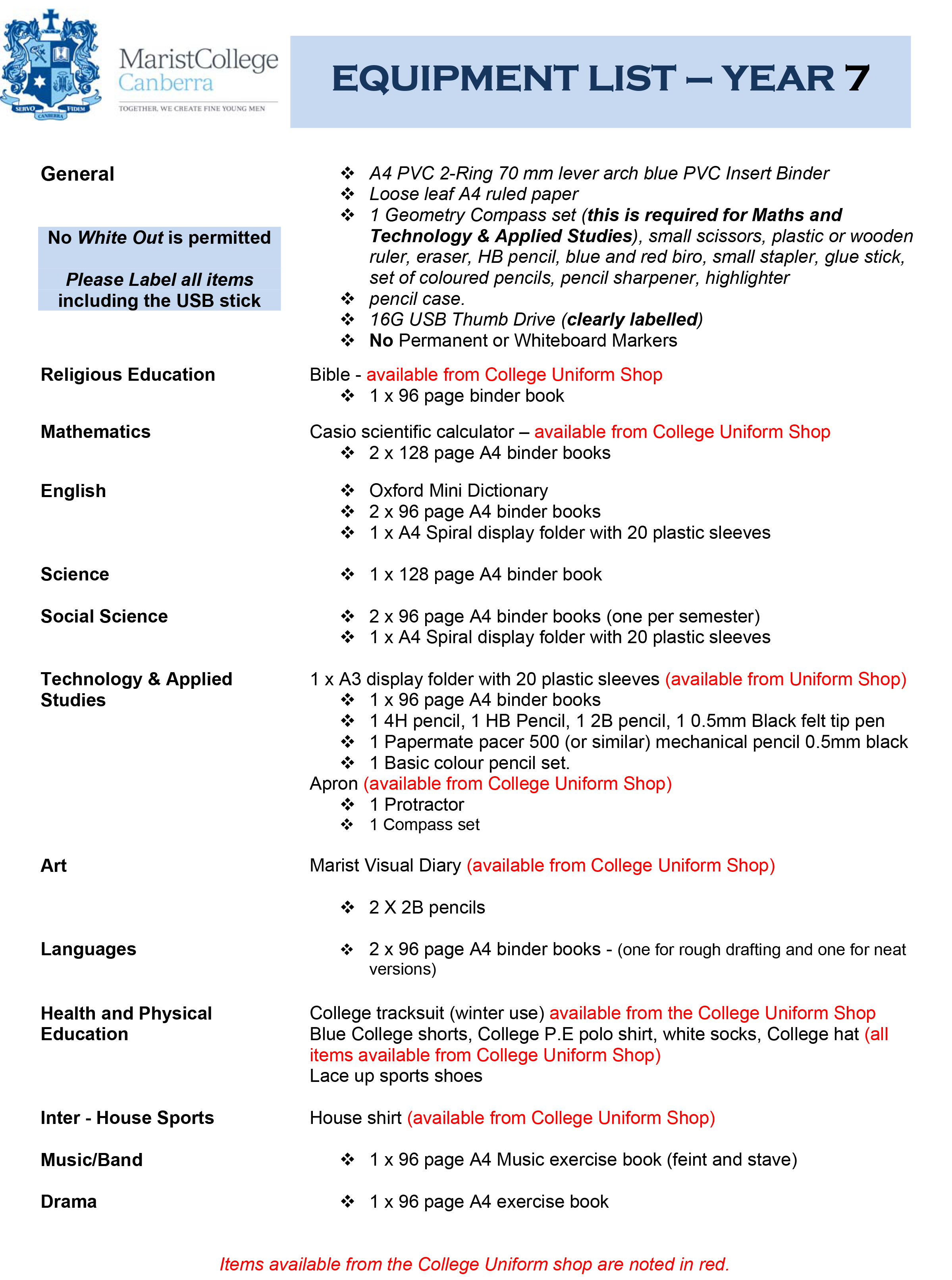 mechanical equipment list