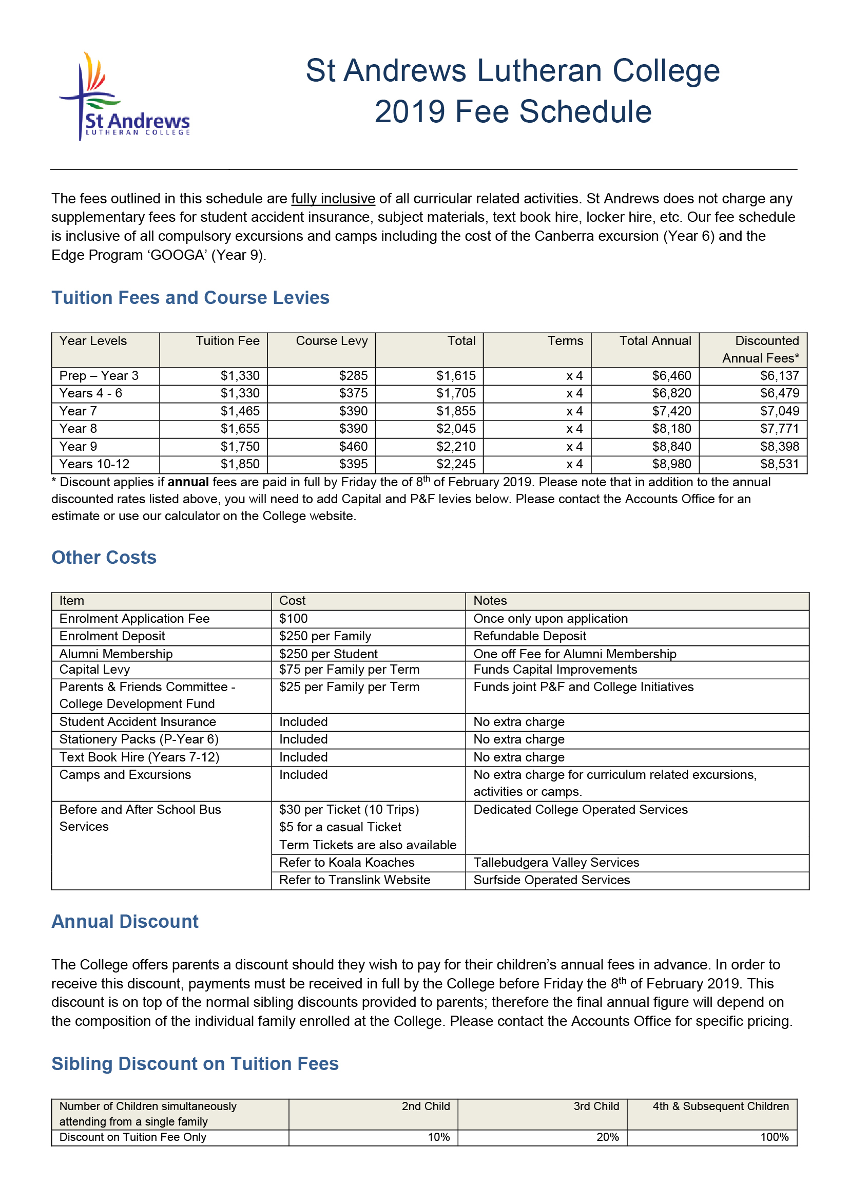 Fee Schedule St Andrews Lutheran College