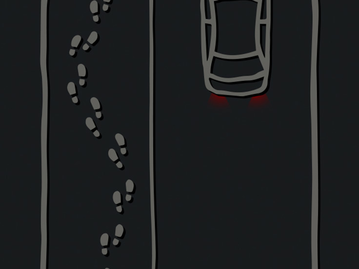 Cartoon of car and sidewalk with footprints going in a wavy direction across sidewalk