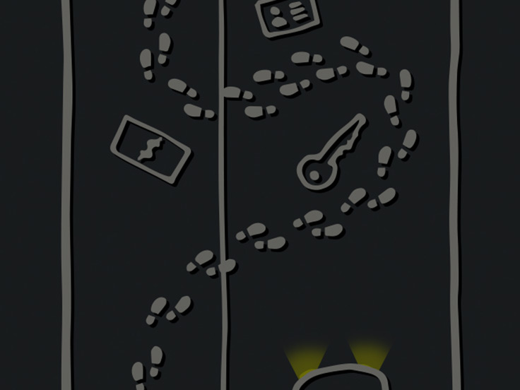 Cartoon of footprints going from sidewalk onto road and back again with a key, wallet and ID laying on the road with a car approaching