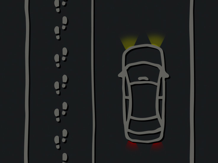Cartoon of car and sidewalk with footprints going in a straight line on the sidewalk
